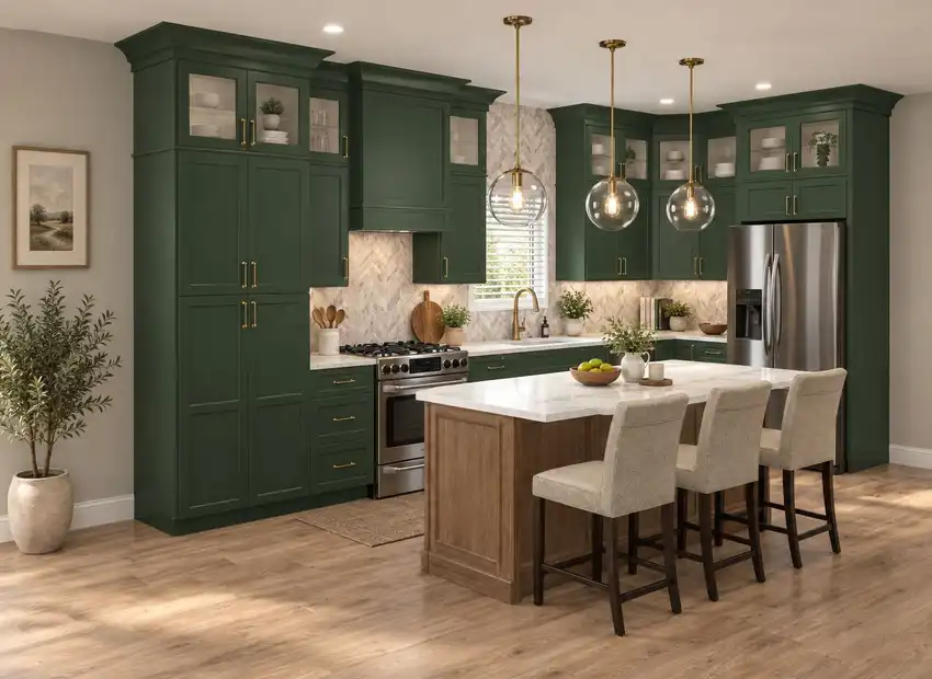 Kitchen design with deep green cabinets and a warm oak island