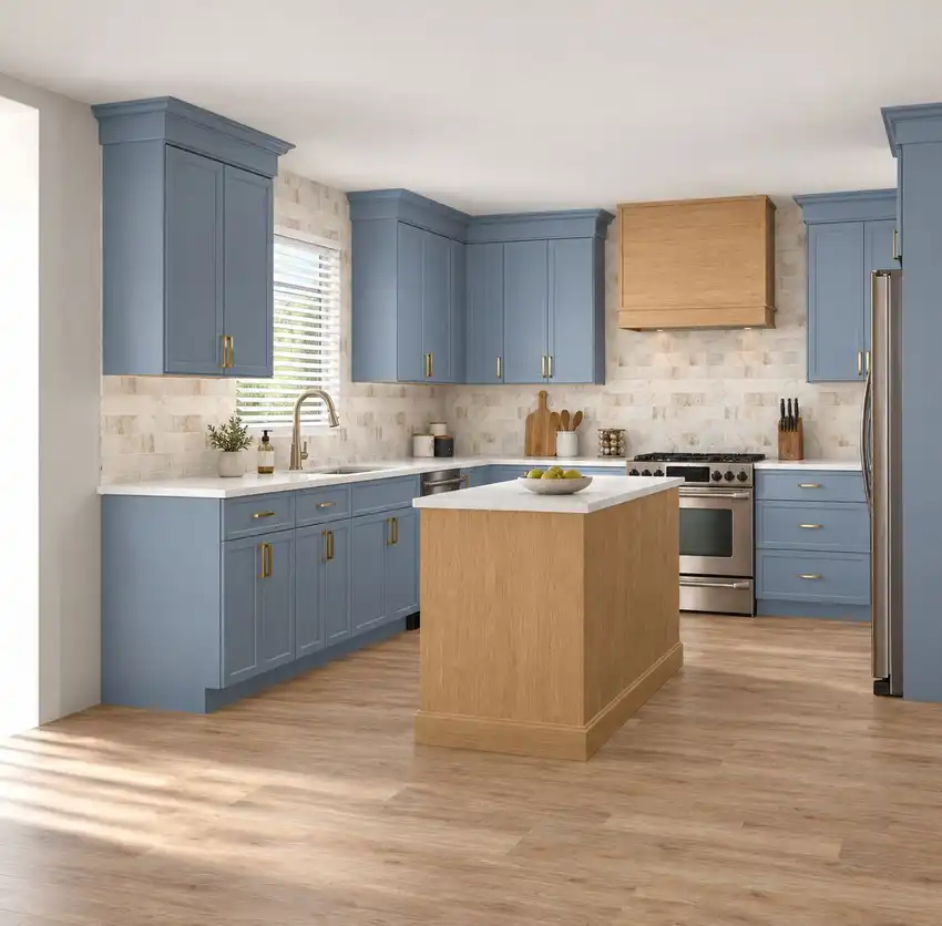 Kitchen design with soft blue cabinets and a natural oak island and hood